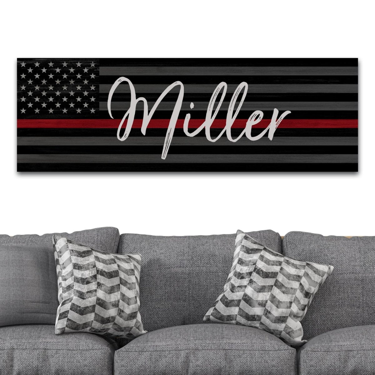 Thin Red Line Personalized Firefighter Name Sign Above Couch - Pretty Perfect Studio