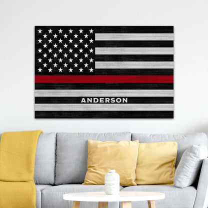 Thin Red Line Personalized Firefighter Sign Above Couch - Pretty Perfect Studio