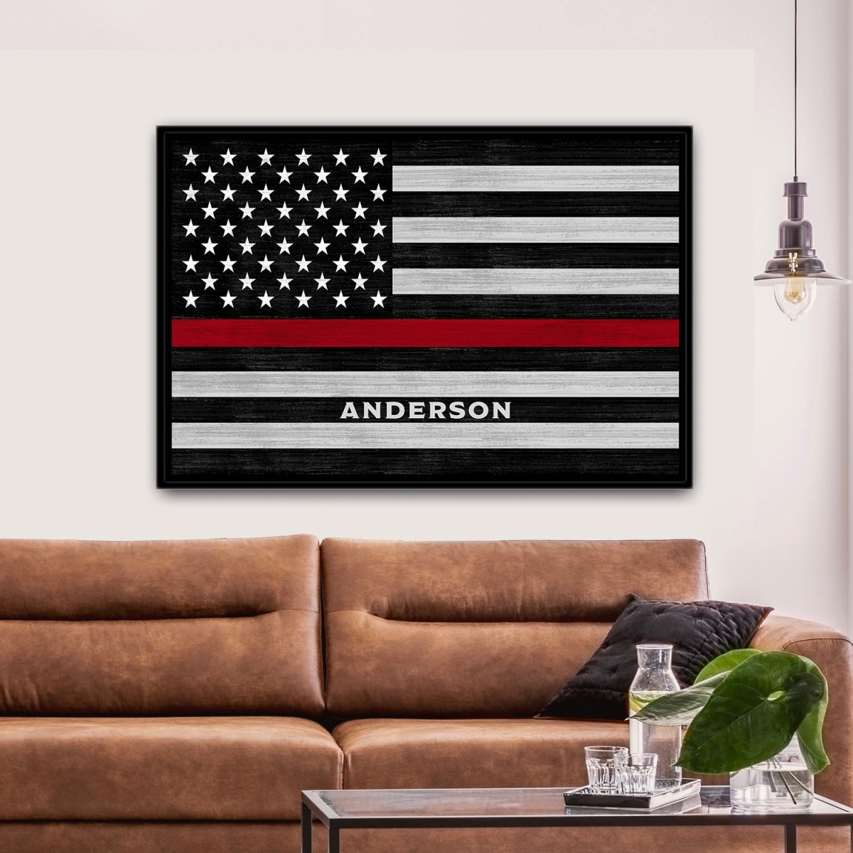 Thin Red Line Personalized Firefighter Sign Above Couch - Pretty Perfect Studio