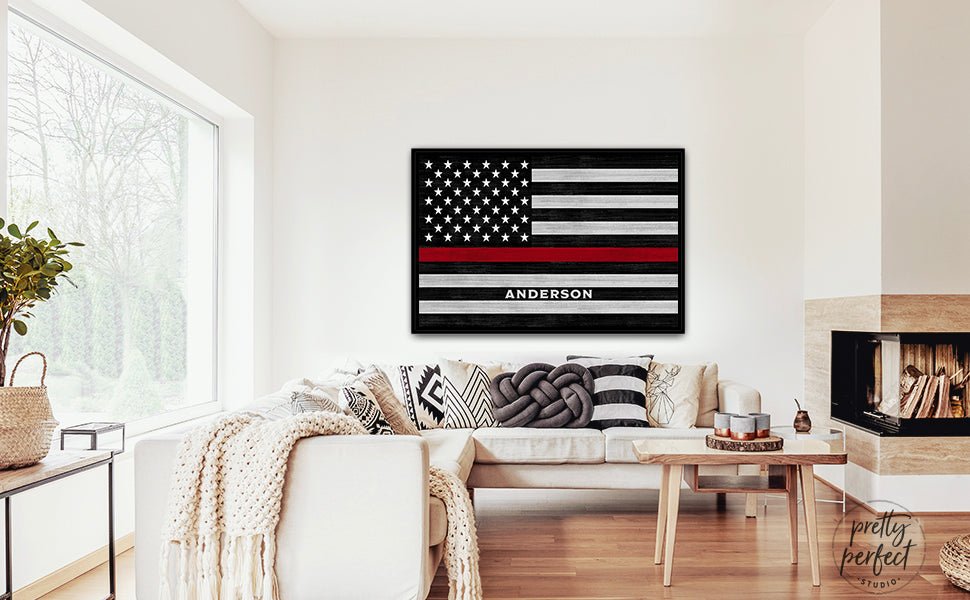 Thin Red Line Personalized Firefighter Sign in Living Room Above Couch - Pretty Perfect Studio