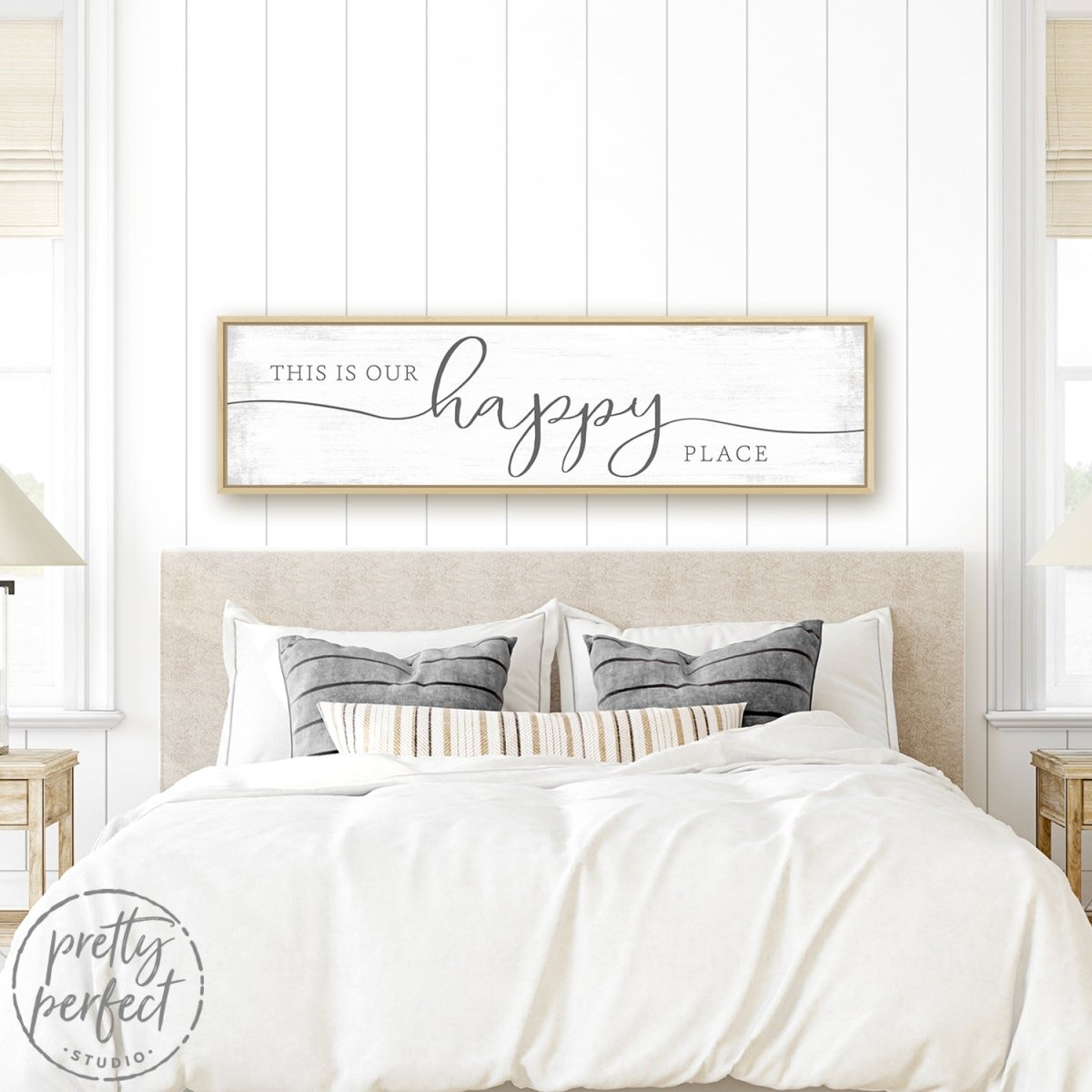 This Is Our Happy Place Sign Above Bed In Bedroom - Pretty Perfect Studio