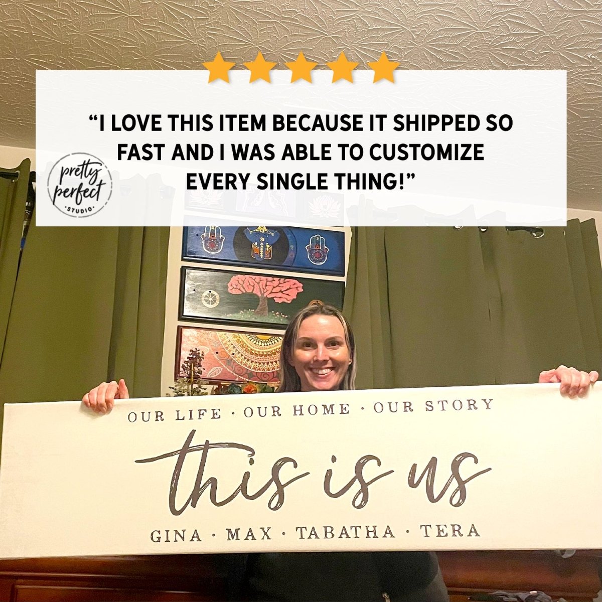 Customer product review for personalized this is us sign by Pretty Perfect Studio