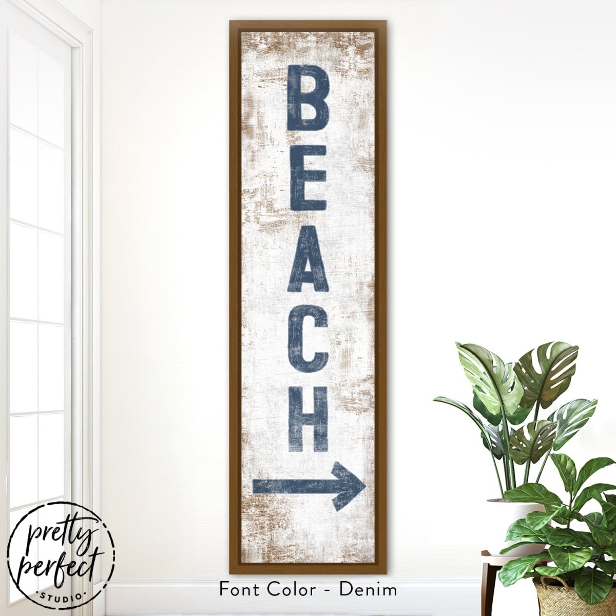 Vertical beach sign with nautical style lettering and distressed wood background