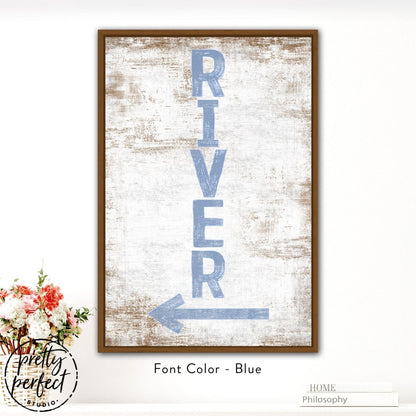 Rustic river sign wall art styled in entryway home decor