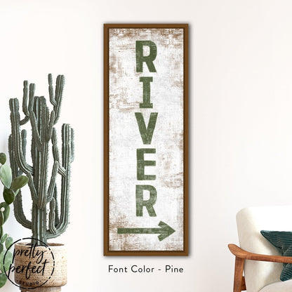 Vertical river sign wall art with rustic wood design and bold lettering