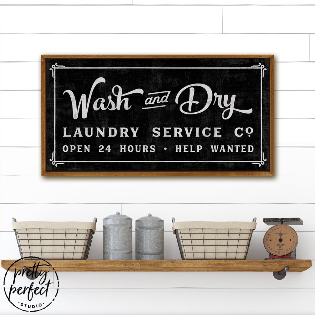 Wash and Dry Laundry Room Canvas Sign Hanging Above Shelf - Pretty Perfect Studio