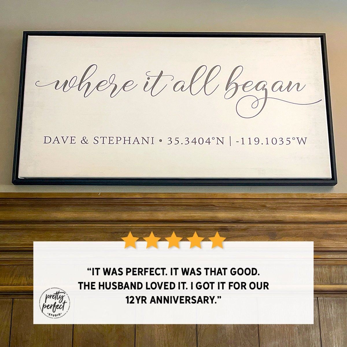 Customer product review for personalized where it all began sign by Pretty Perfect Studio