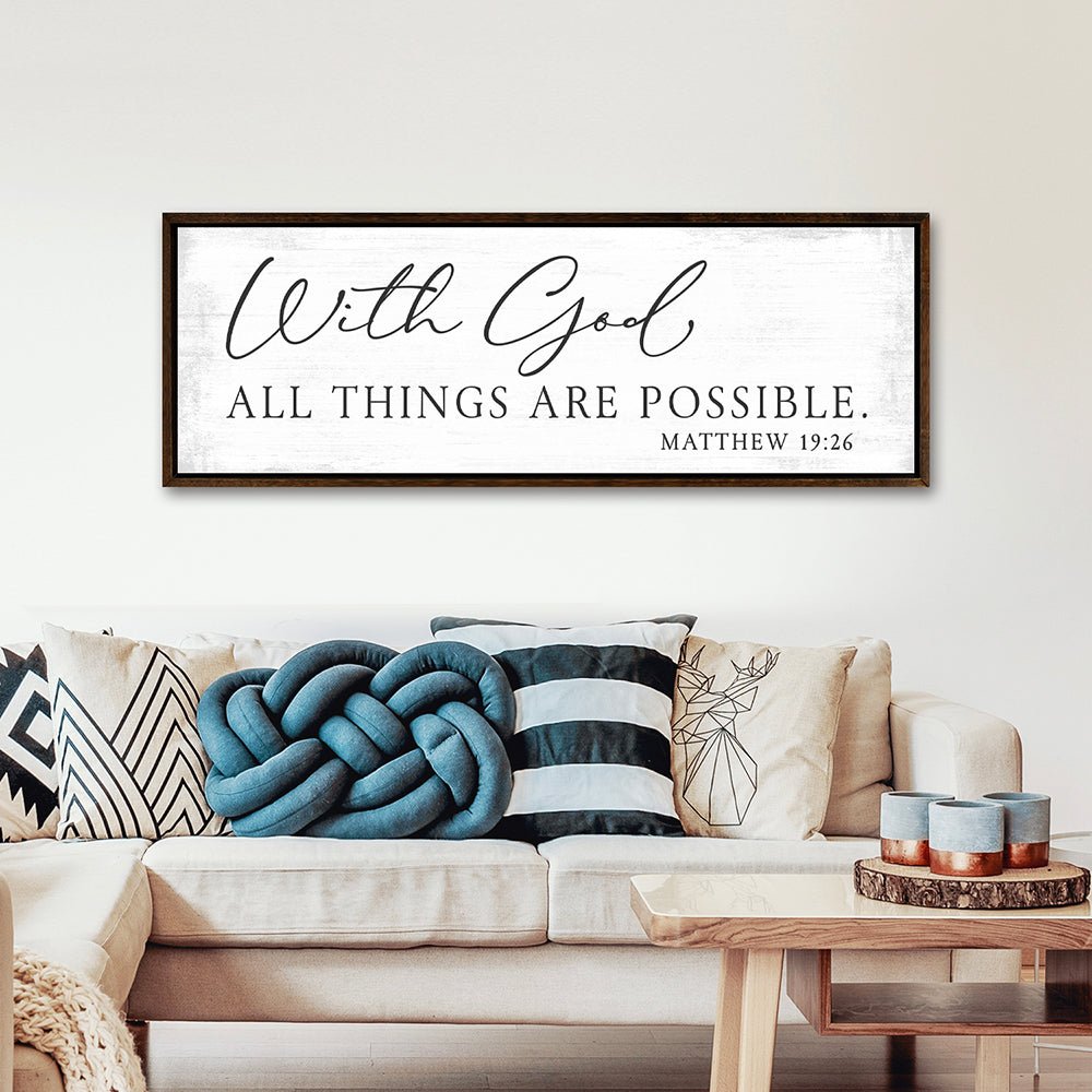 With God All Things Are Possible Sign Above Couch on Wall - Pretty Perfect Studio