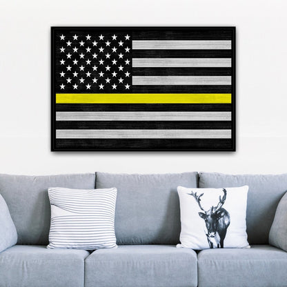 Yellow Line Flag Canvas Sign in Living Room Above Couch - Pretty Perfect Studio