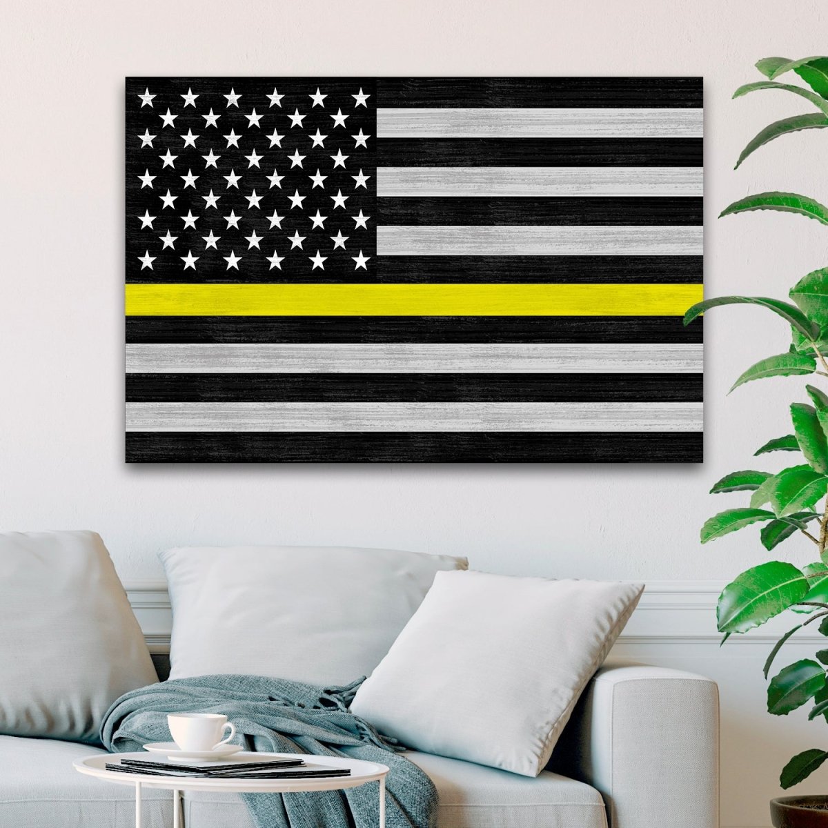 Yellow Line Flag Canvas Sign in Family Room Above Couch - Pretty Perfect Studio