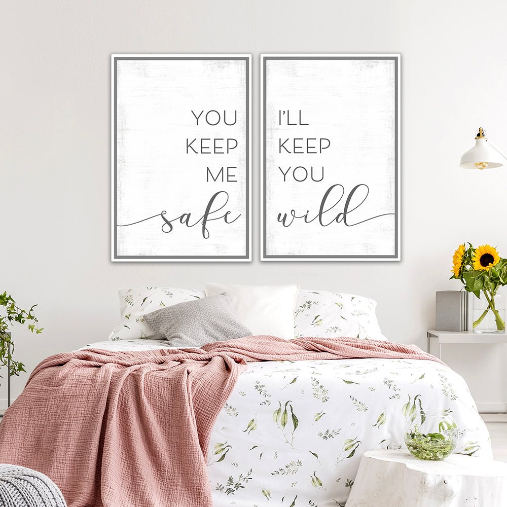 You Keep Me Safe I’ll Keep You Wild Multi-Panel Print Set Above Bed in Couples Bedroom - Pretty Perfect Studio